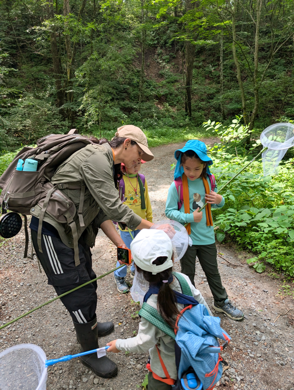Children gather around a net, watching closely as something small comes into view.