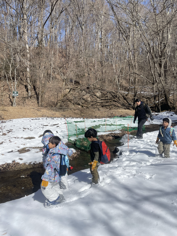 Children test the snow’s depth beside a stream and watch water moving beneath the thawing surface.